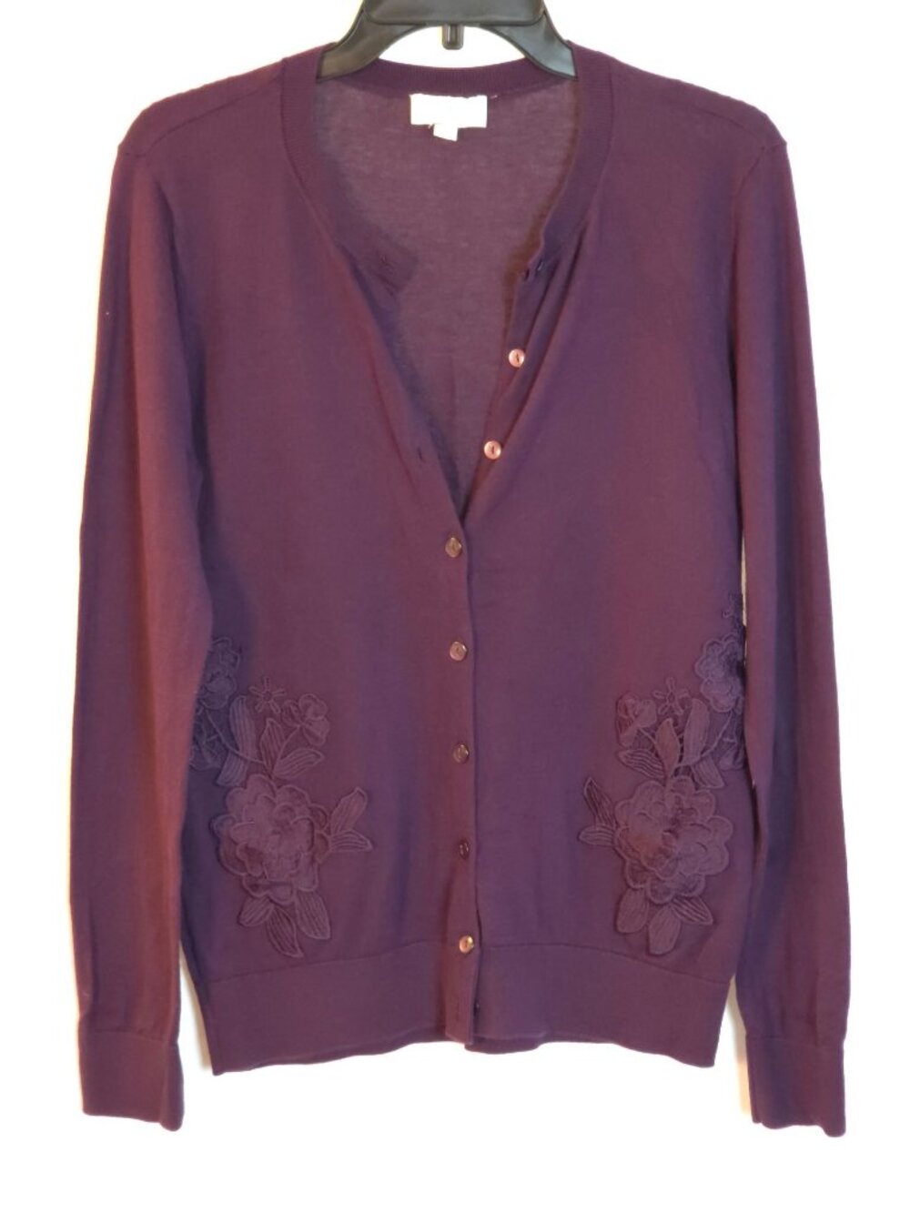 LOFT Plum Cardigan Sweater Size M Embroidered Button Front Crewneck Knit